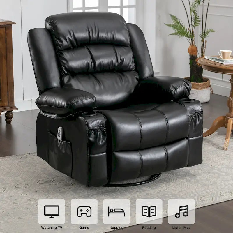 360-Degree Swivel Rocker Massage Recliner with Heating, USB Port and Cup Holders