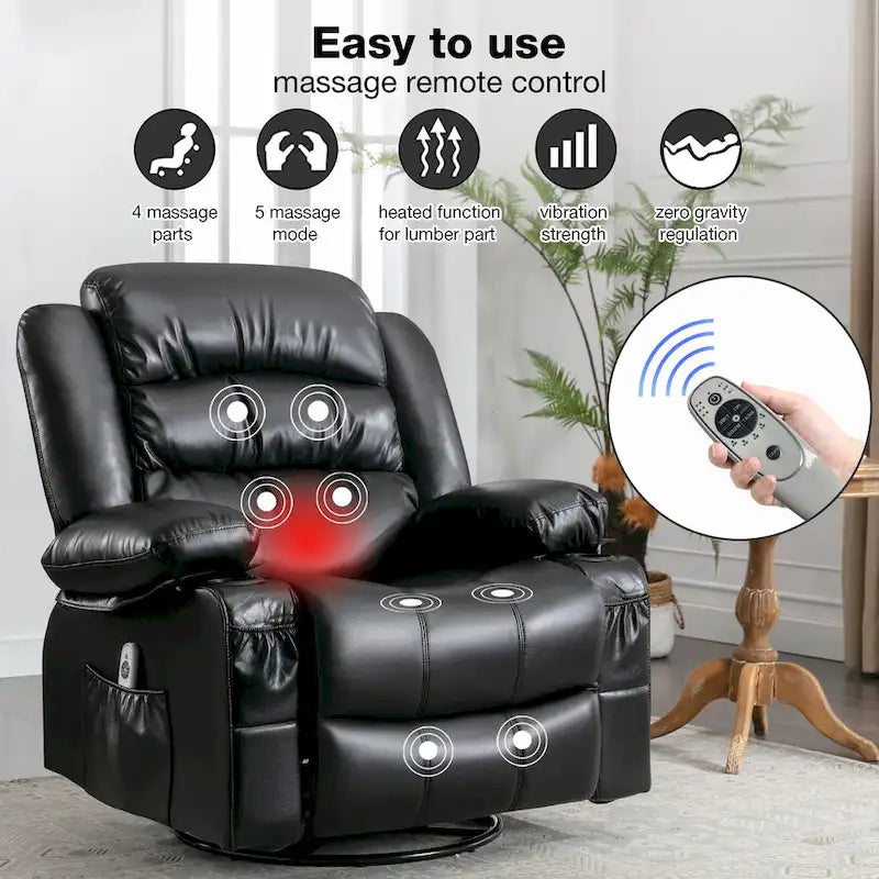 360-Degree Swivel Rocker Massage Recliner with Heating, USB Port and Cup Holders