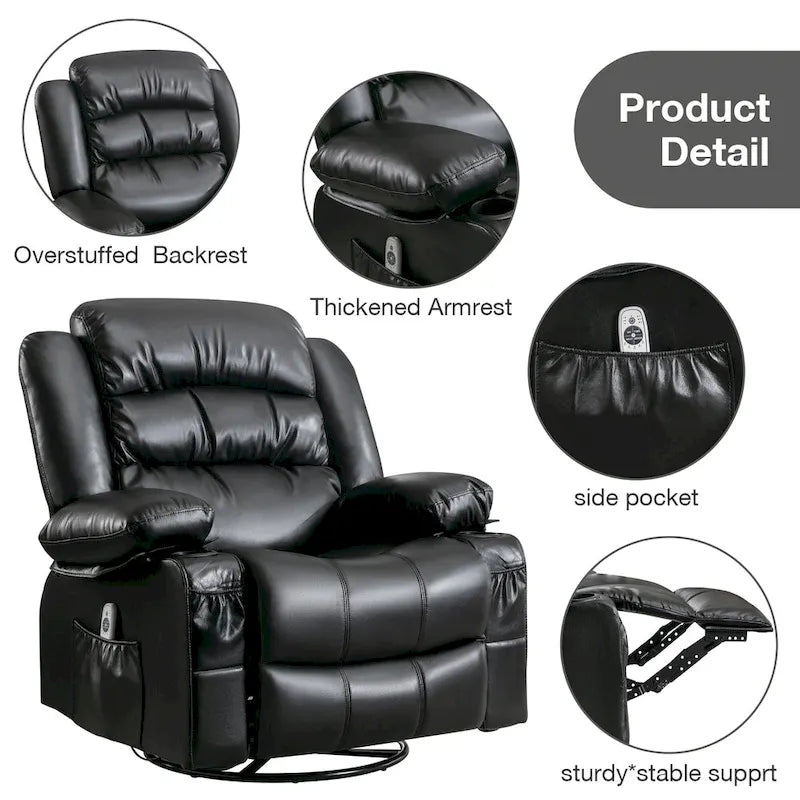 360-Degree Swivel Rocker Massage Recliner with Heating, USB Port and Cup Holders