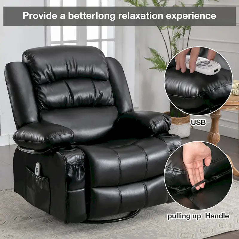 360-Degree Swivel Rocker Massage Recliner with Heating, USB Port and Cup Holders