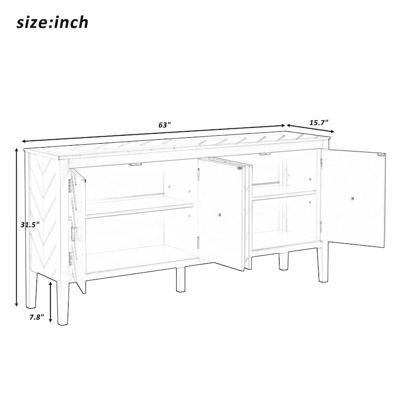 4-Door Sideboard with Geometric Door Design and Adjustable Shelves