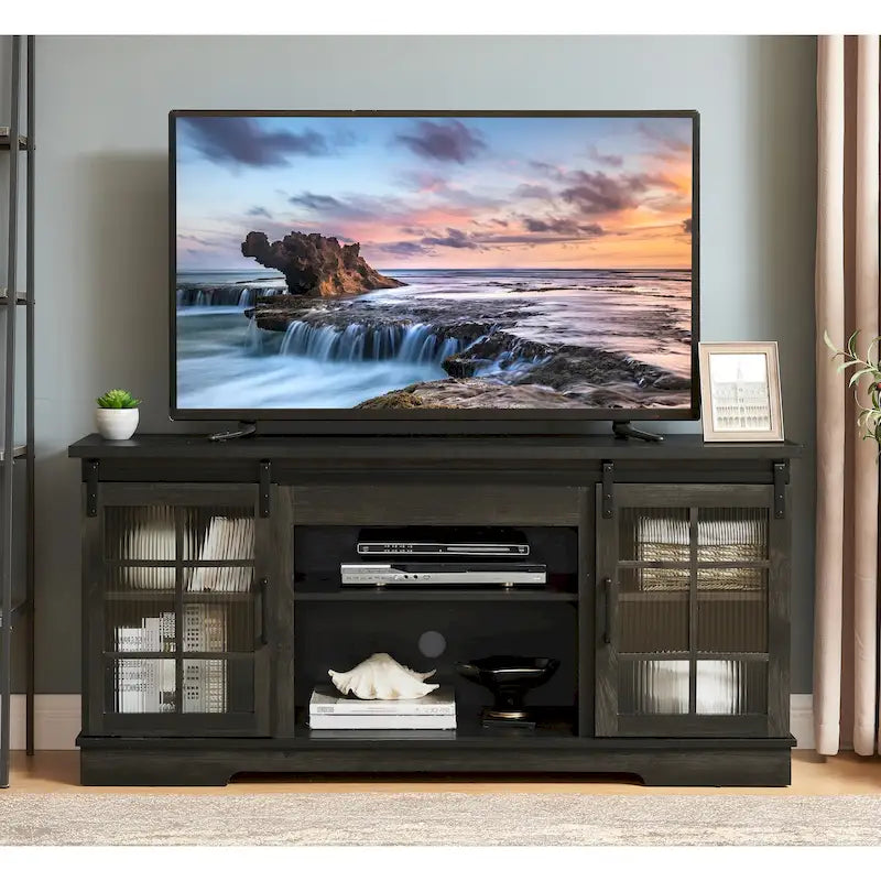 59-Inch TV Stand with Sliding Fluted Glass Doors for TVs up to 65 Inches