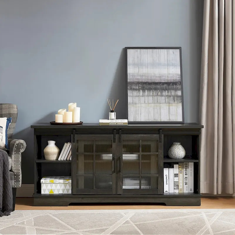59-Inch TV Stand with Sliding Fluted Glass Doors for TVs up to 65 Inches