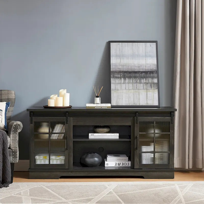 59-Inch TV Stand with Sliding Fluted Glass Doors for TVs up to 65 Inches