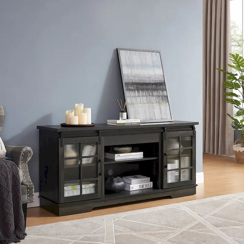 59-Inch TV Stand with Sliding Fluted Glass Doors for TVs up to 65 Inches