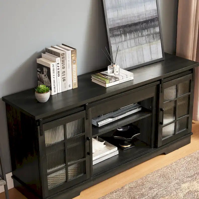 59-Inch TV Stand with Sliding Fluted Glass Doors for TVs up to 65 Inches