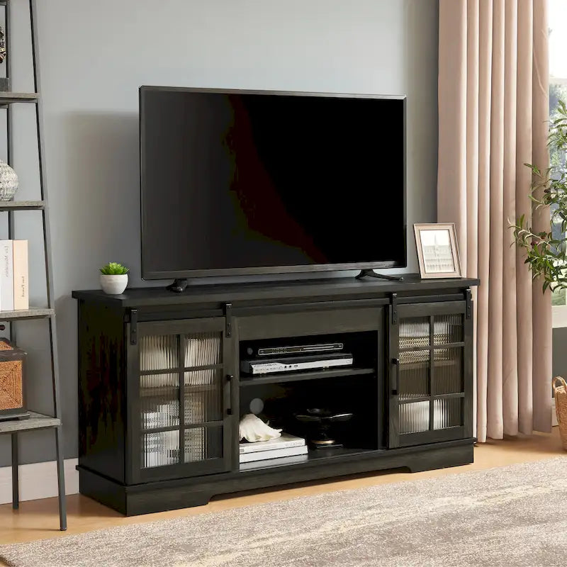 59-Inch TV Stand with Sliding Fluted Glass Doors for TVs up to 65 Inches
