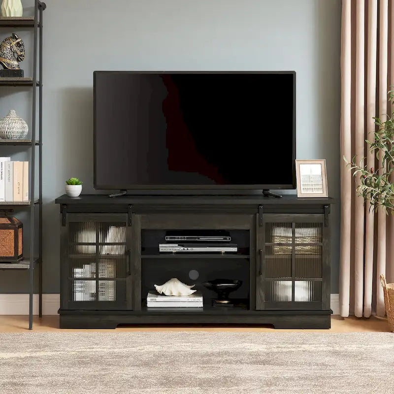59-Inch TV Stand with Sliding Fluted Glass Doors for TVs up to 65 Inches
