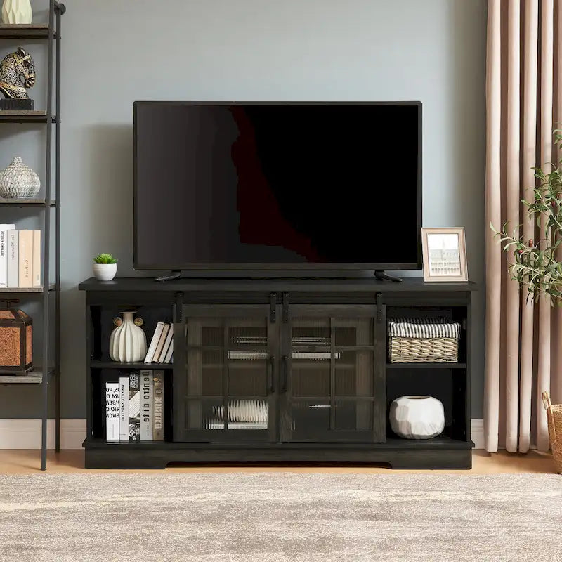 59-Inch TV Stand with Sliding Fluted Glass Doors for TVs up to 65 Inches