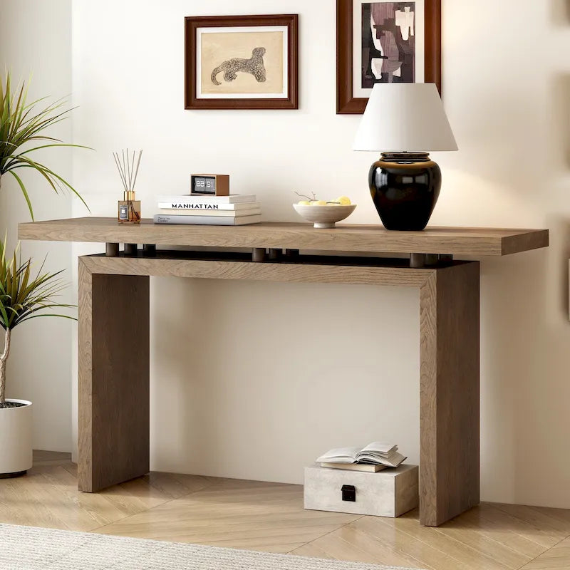 59-Inch Floating-Look Console Table with Ash Wood Veneer and Sculptural Legs