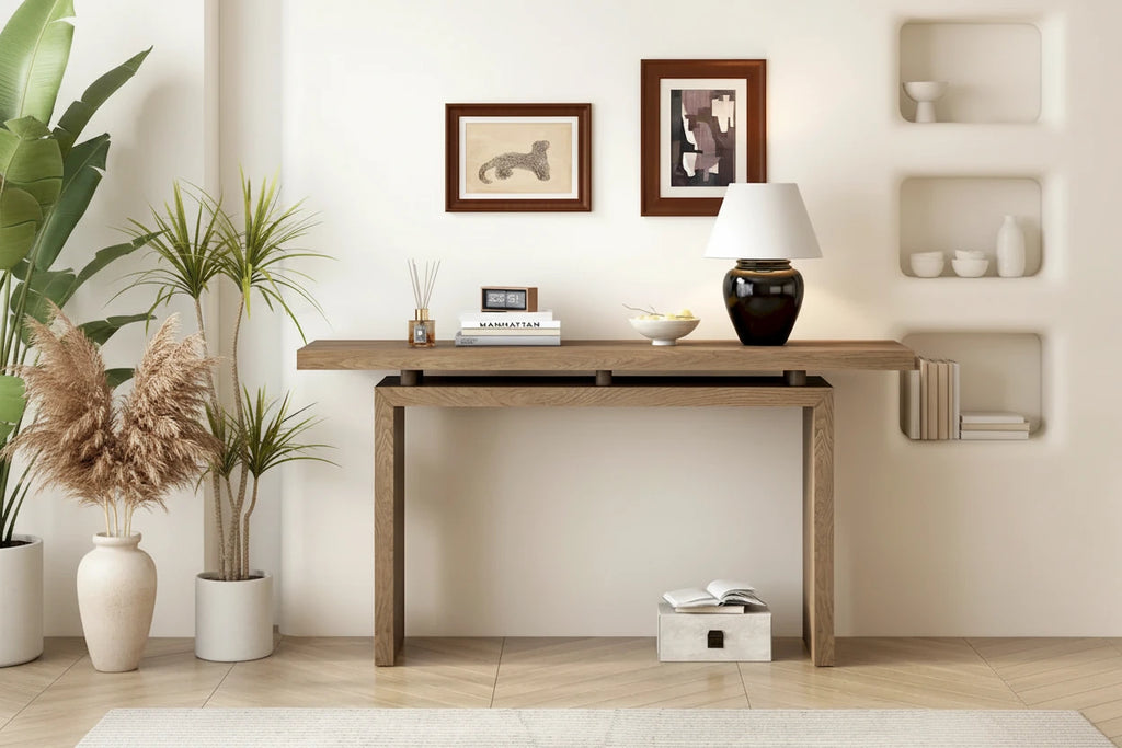 59-Inch Floating-Look Console Table with Ash Wood Veneer and Sculptural Legs
