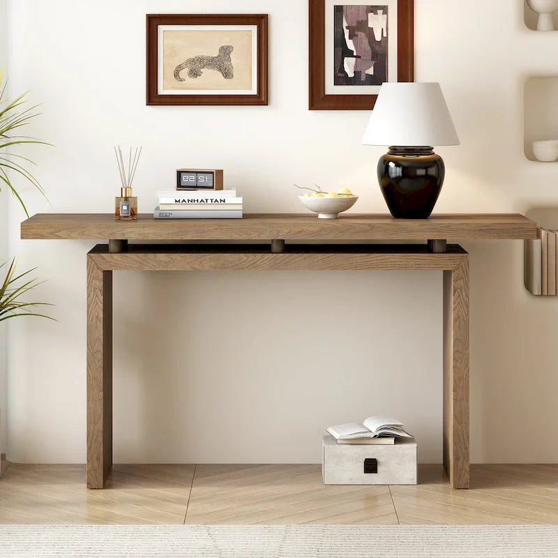 59-Inch Floating-Look Console Table with Ash Wood Veneer and Sculptural Legs