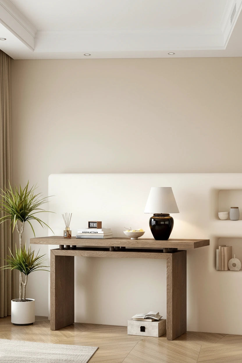 59-Inch Floating-Look Console Table with Ash Wood Veneer and Sculptural Legs