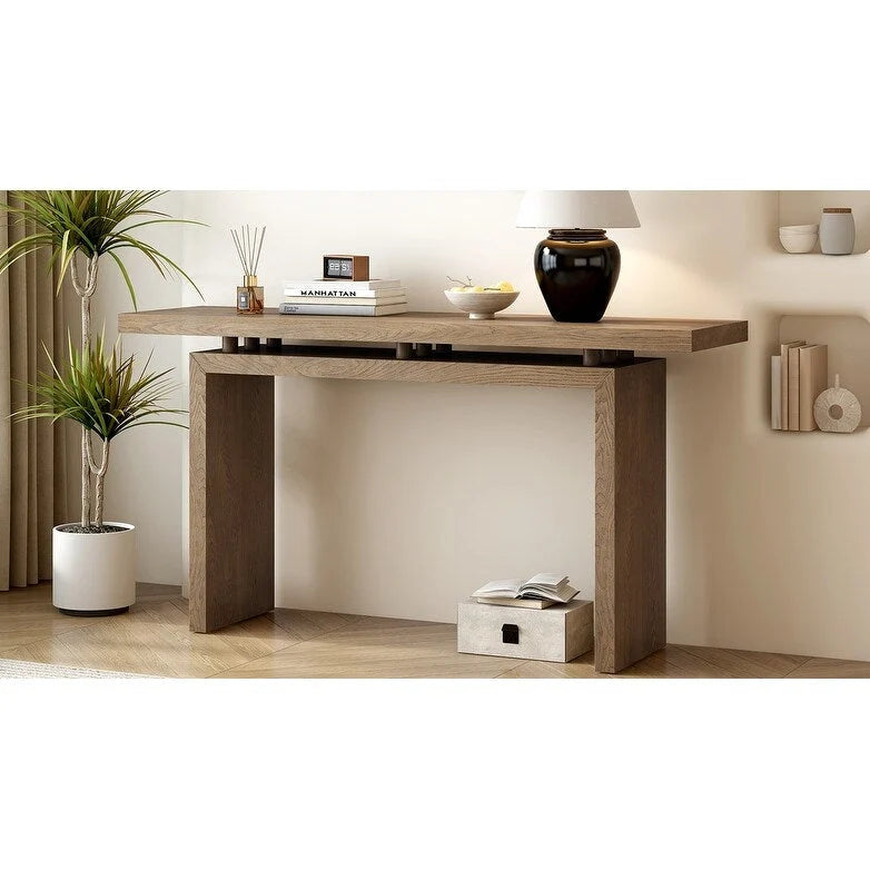 59-Inch Floating-Look Console Table with Ash Wood Veneer and Sculptural Legs