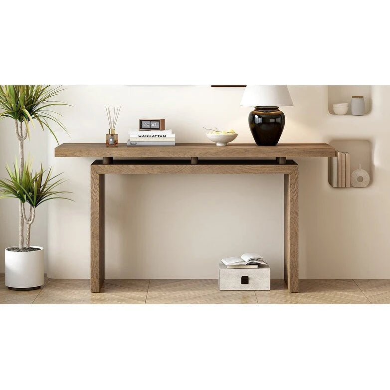 59-Inch Floating-Look Console Table with Ash Wood Veneer and Sculptural Legs