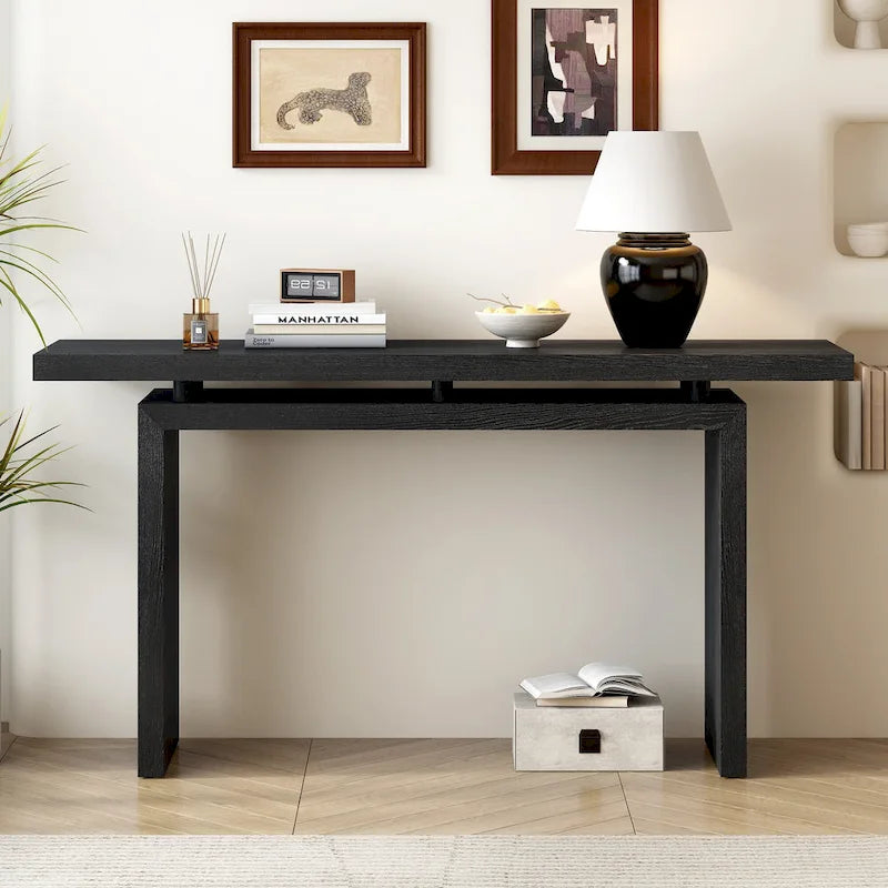59-Inch Floating-Look Console Table with Ash Wood Veneer and Sculptural Legs