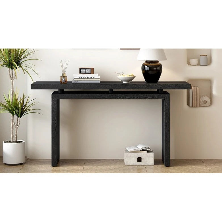 59-Inch Floating-Look Console Table with Ash Wood Veneer and Sculptural Legs