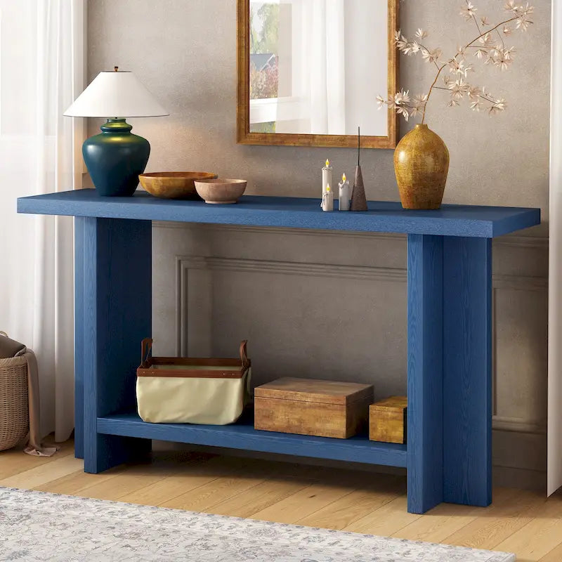 Vintage-Style Console Table with Ash Wood Veneer and T-Leg Design, 60-Inch