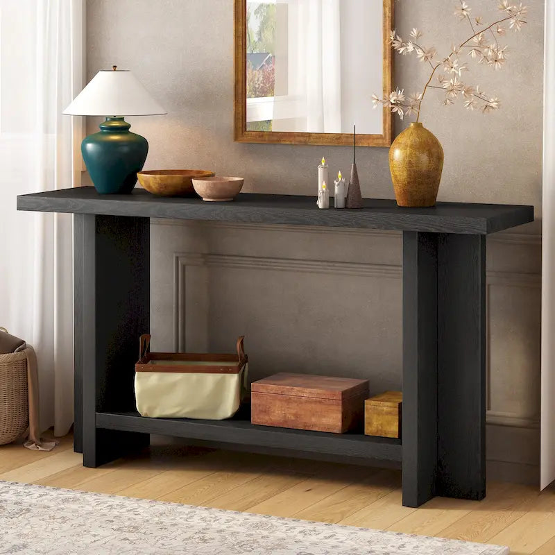 Vintage-Style Console Table with Ash Wood Veneer and T-Leg Design, 60-Inch