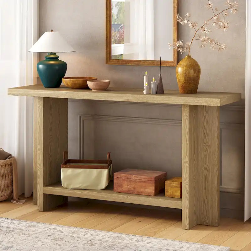 Vintage-Style Console Table with Ash Wood Veneer and T-Leg Design, 60-Inch