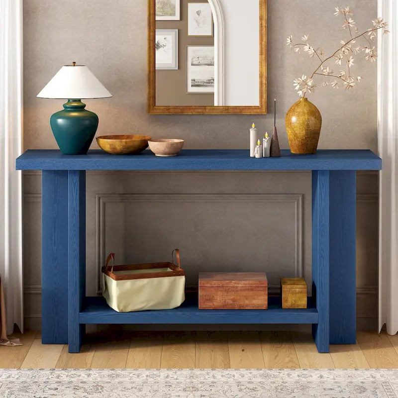 Vintage-Style Console Table with Ash Wood Veneer and T-Leg Design, 60-Inch