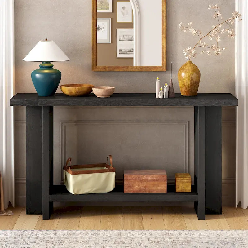 Vintage-Style Console Table with Ash Wood Veneer and T-Leg Design, 60-Inch