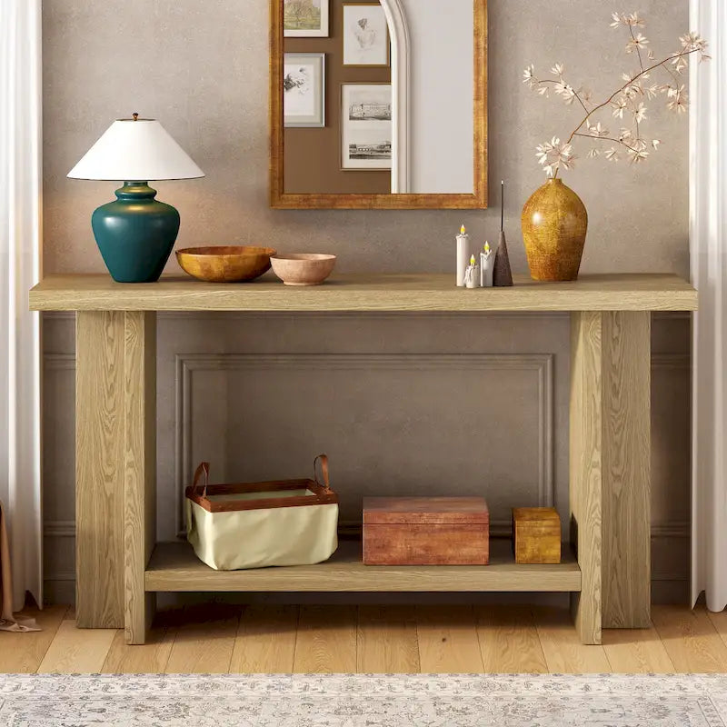Vintage-Style Console Table with Ash Wood Veneer and T-Leg Design, 60-Inch