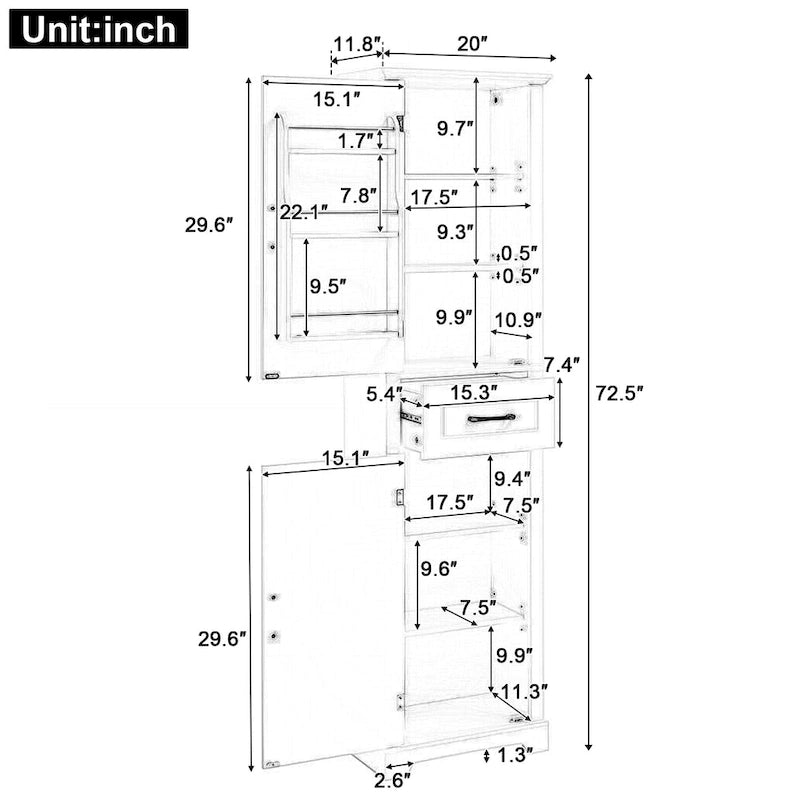 Tall Bathroom Storage Cabinet with 2 Doors, Drawer and Adjustable Shelves