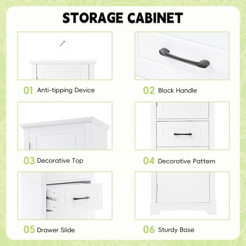 Tall Bathroom Storage Cabinet with 2 Doors, Drawer and Adjustable Shelves