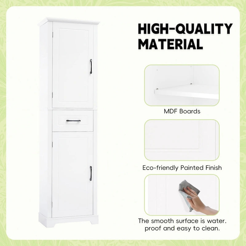 Tall Bathroom Storage Cabinet with 2 Doors, Drawer and Adjustable Shelves