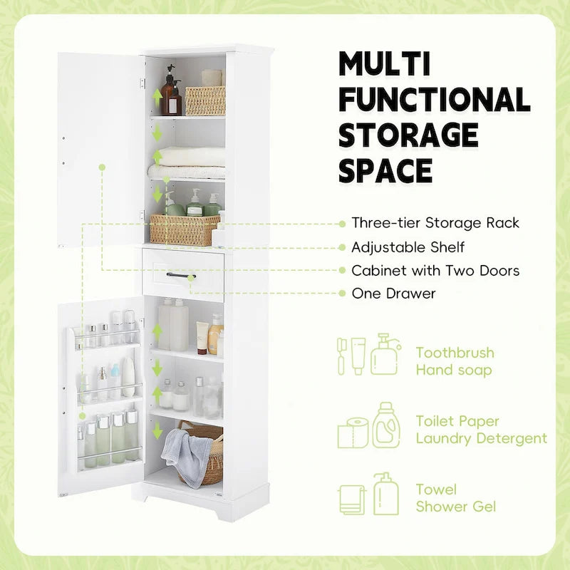 Tall Bathroom Storage Cabinet with 2 Doors, Drawer and Adjustable Shelves