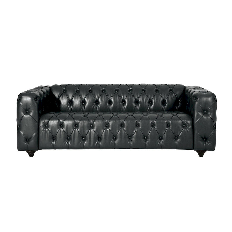 84-Inch Chesterfield Sofa with Black Faux Leather and Button Tufting