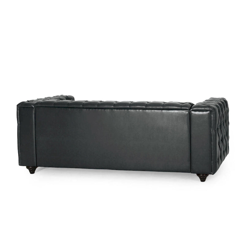 84-Inch Chesterfield Sofa with Black Faux Leather and Button Tufting