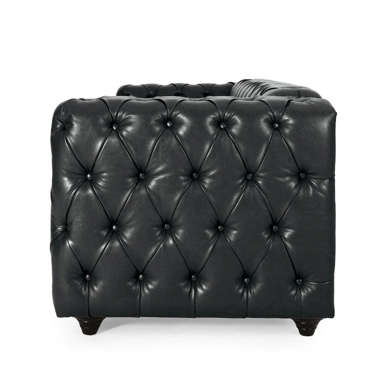 84-Inch Chesterfield Sofa with Black Faux Leather and Button Tufting