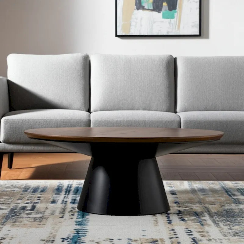 40-Inch Round Solid Wood and Iron Pedestal Coffee Table in Brown and Black