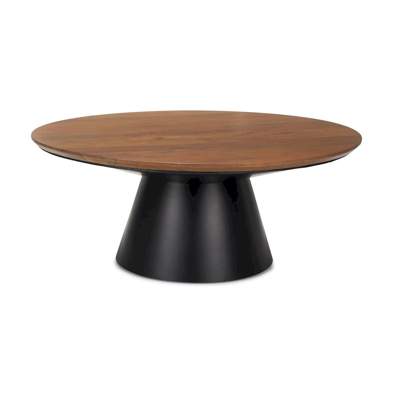 40-Inch Round Solid Wood and Iron Pedestal Coffee Table in Brown and Black