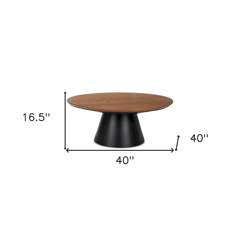 40-Inch Round Solid Wood and Iron Pedestal Coffee Table in Brown and Black