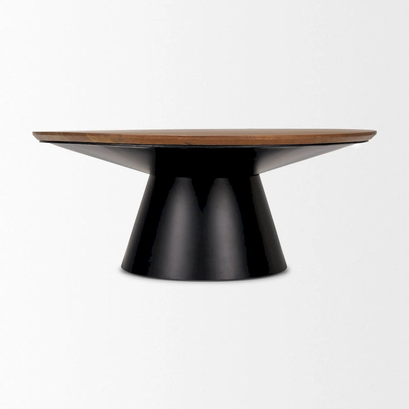 40-Inch Round Solid Wood and Iron Pedestal Coffee Table in Brown and Black