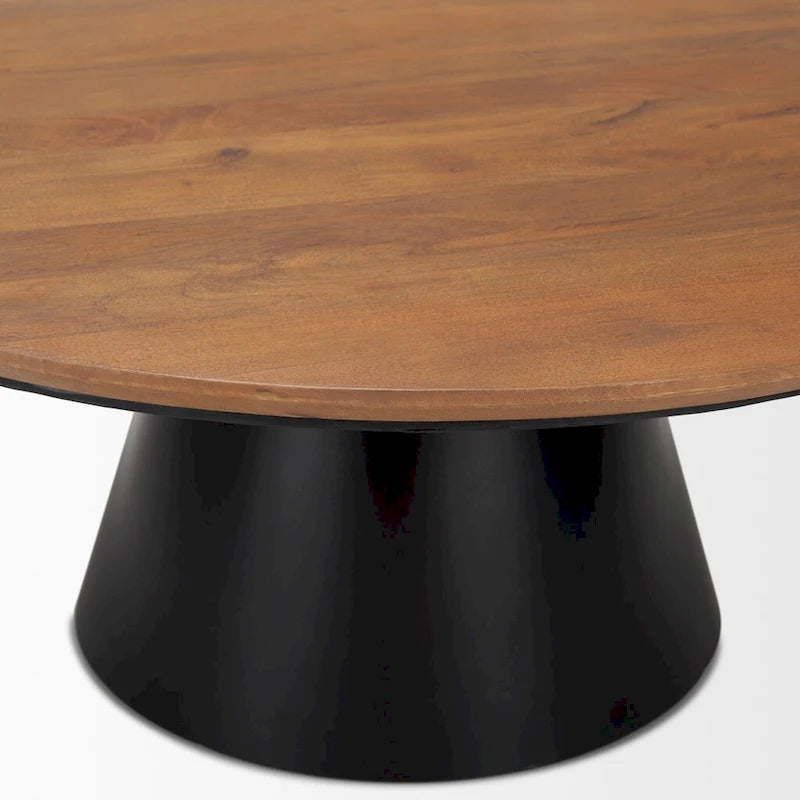 40-Inch Round Solid Wood and Iron Pedestal Coffee Table in Brown and Black