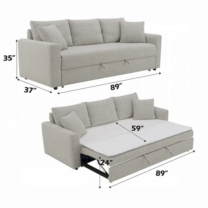 89-Inch Sleeper Sofa with Full Fold-Out Bed, Boucle Fabric and 2 Accent Pillows