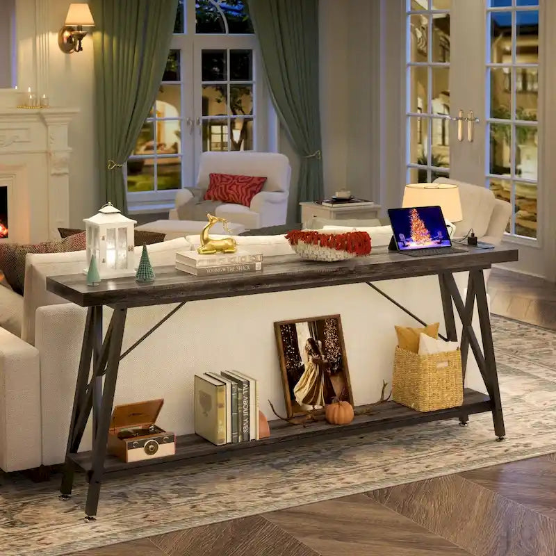 70-Inch Console Table with 3 Power Outlets, 2 USB Ports and Lower Storage Shelf
