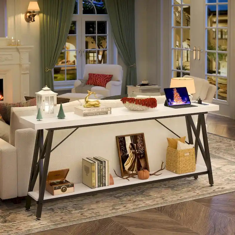 70-Inch Console Table with 3 Power Outlets, 2 USB Ports and Lower Storage Shelf