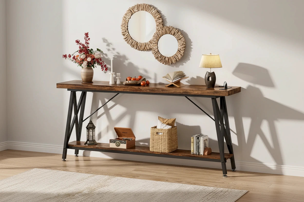 70.9 Extra Long Console Table Sofa Table with Charging Station and Storage Shelf,Industrial Hallway Entry Table