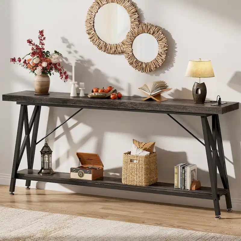 70-Inch Console Table with 3 Power Outlets, 2 USB Ports and Lower Storage Shelf