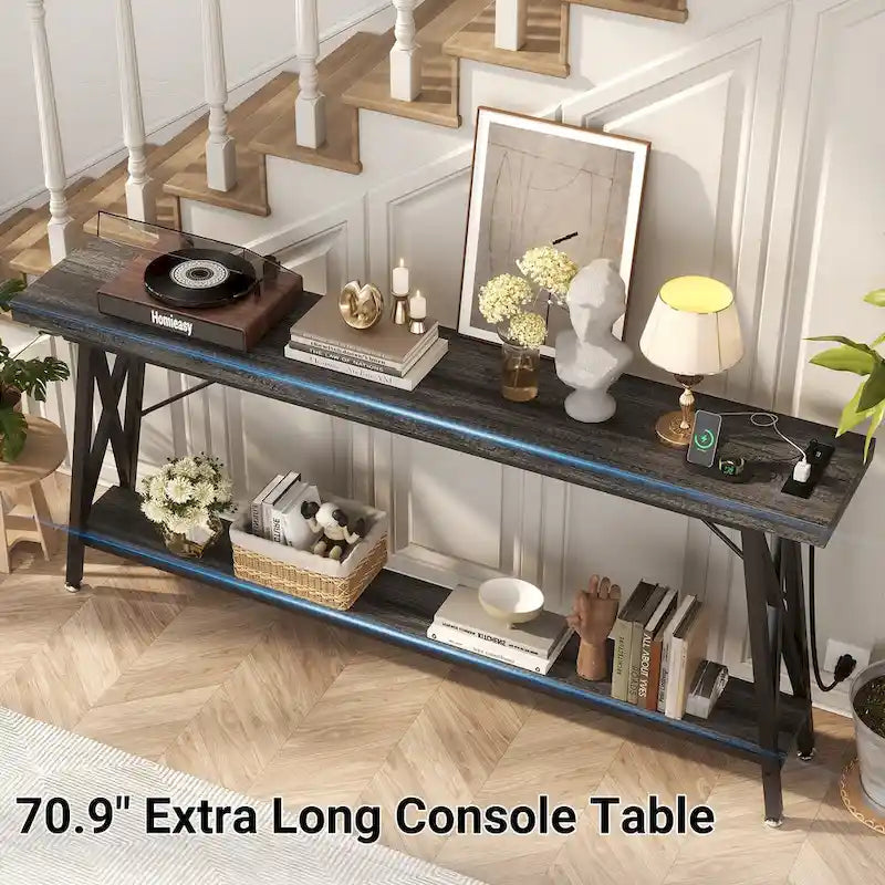70-Inch Console Table with 3 Power Outlets, 2 USB Ports and Lower Storage Shelf