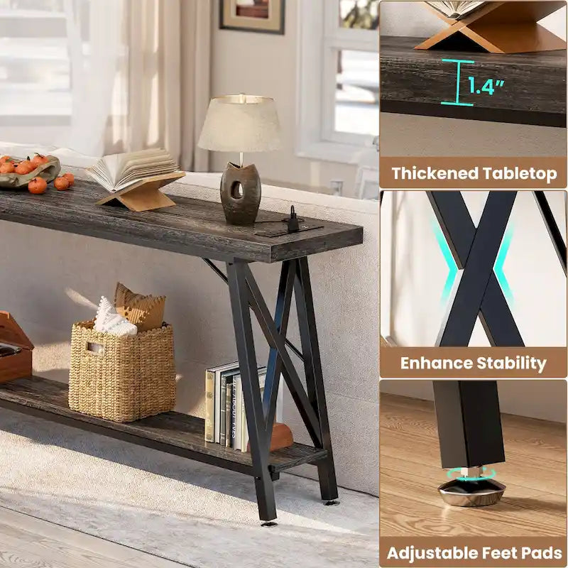 70-Inch Console Table with 3 Power Outlets, 2 USB Ports and Lower Storage Shelf