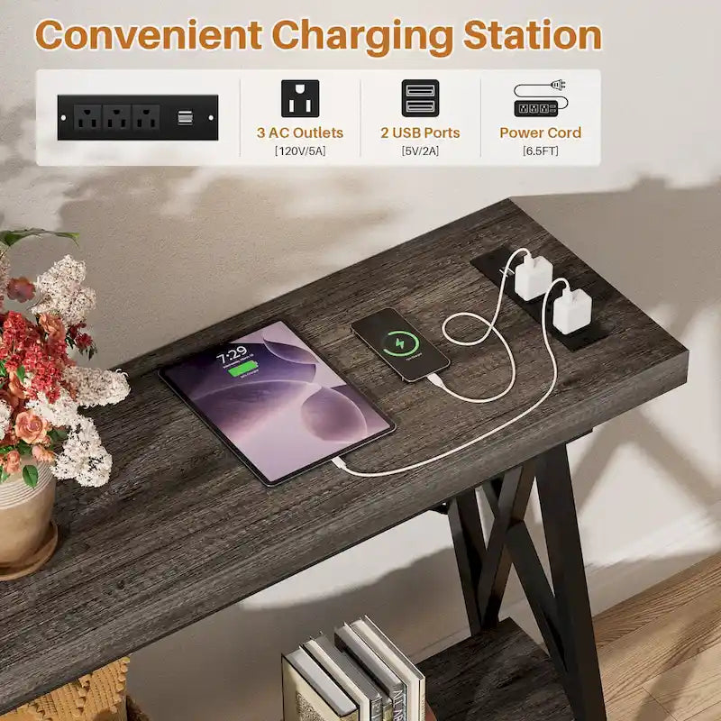 70-Inch Console Table with 3 Power Outlets, 2 USB Ports and Lower Storage Shelf
