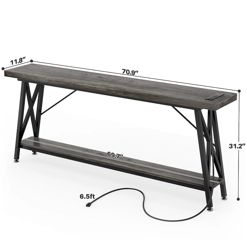70-Inch Console Table with 3 Power Outlets, 2 USB Ports and Lower Storage Shelf