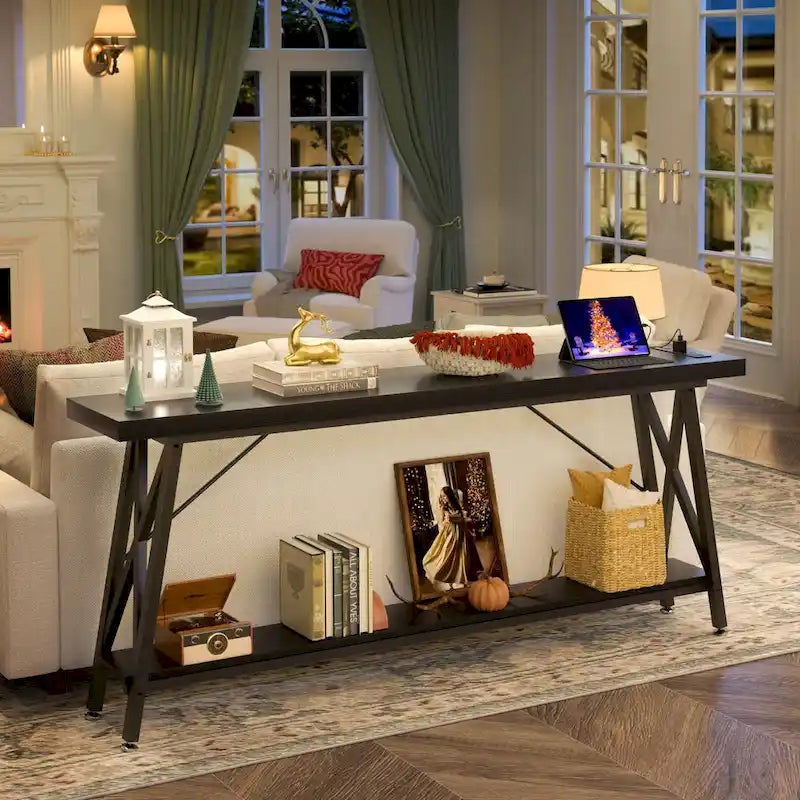 70-Inch Console Table with 3 Power Outlets, 2 USB Ports and Lower Storage Shelf