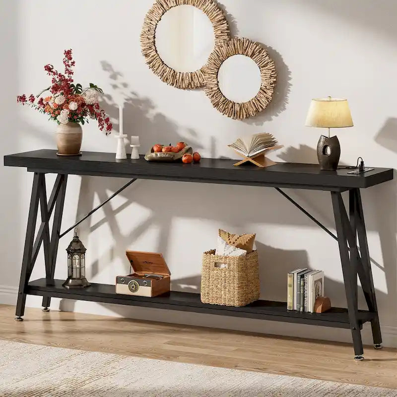 70-Inch Console Table with 3 Power Outlets, 2 USB Ports and Lower Storage Shelf